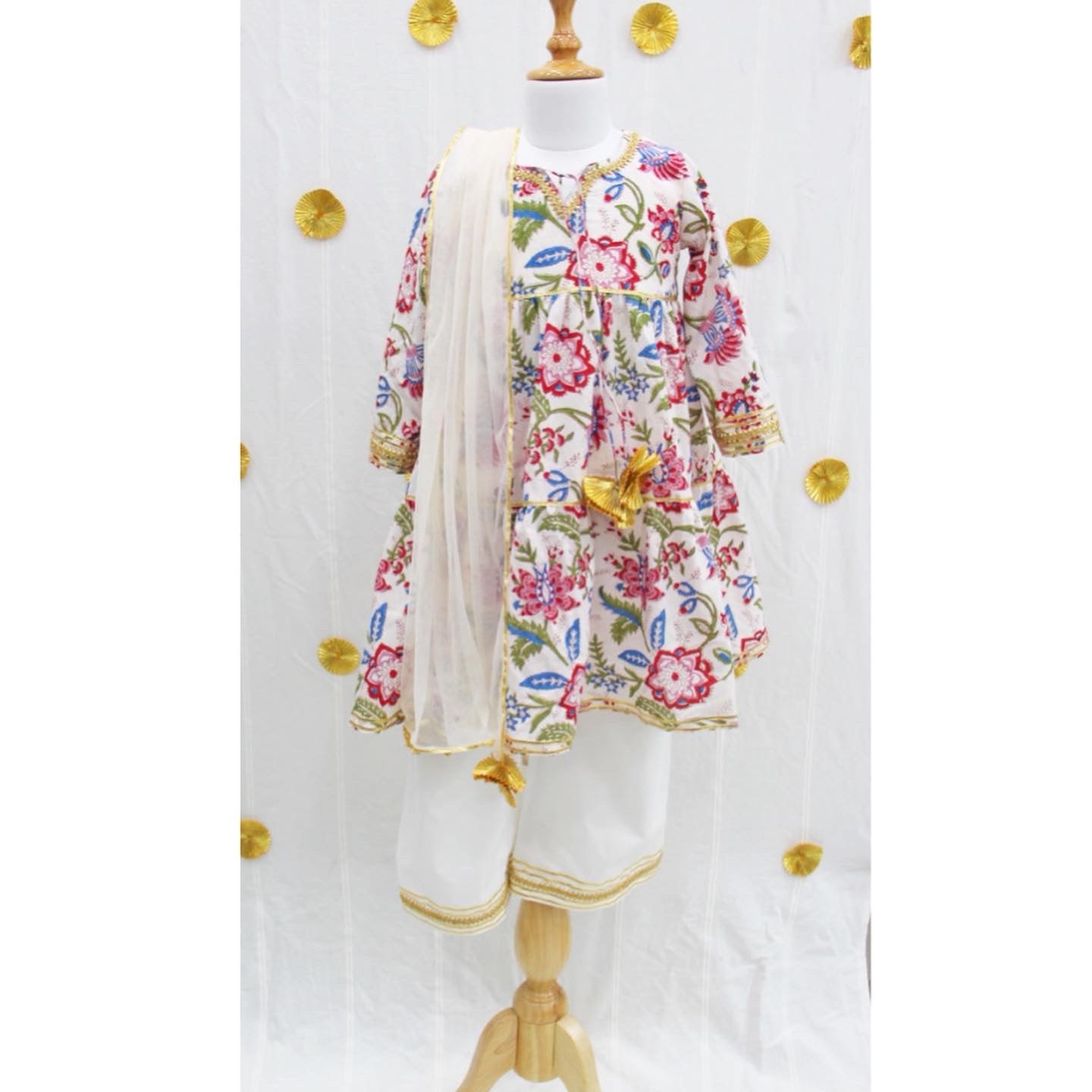 White Floral Block Print Plazo Set
