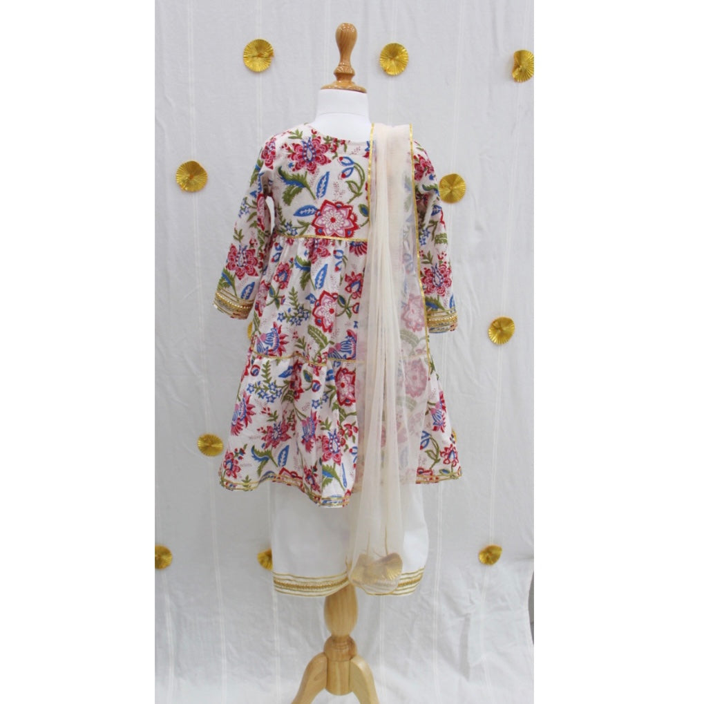 White Floral Block Print Plazo Set