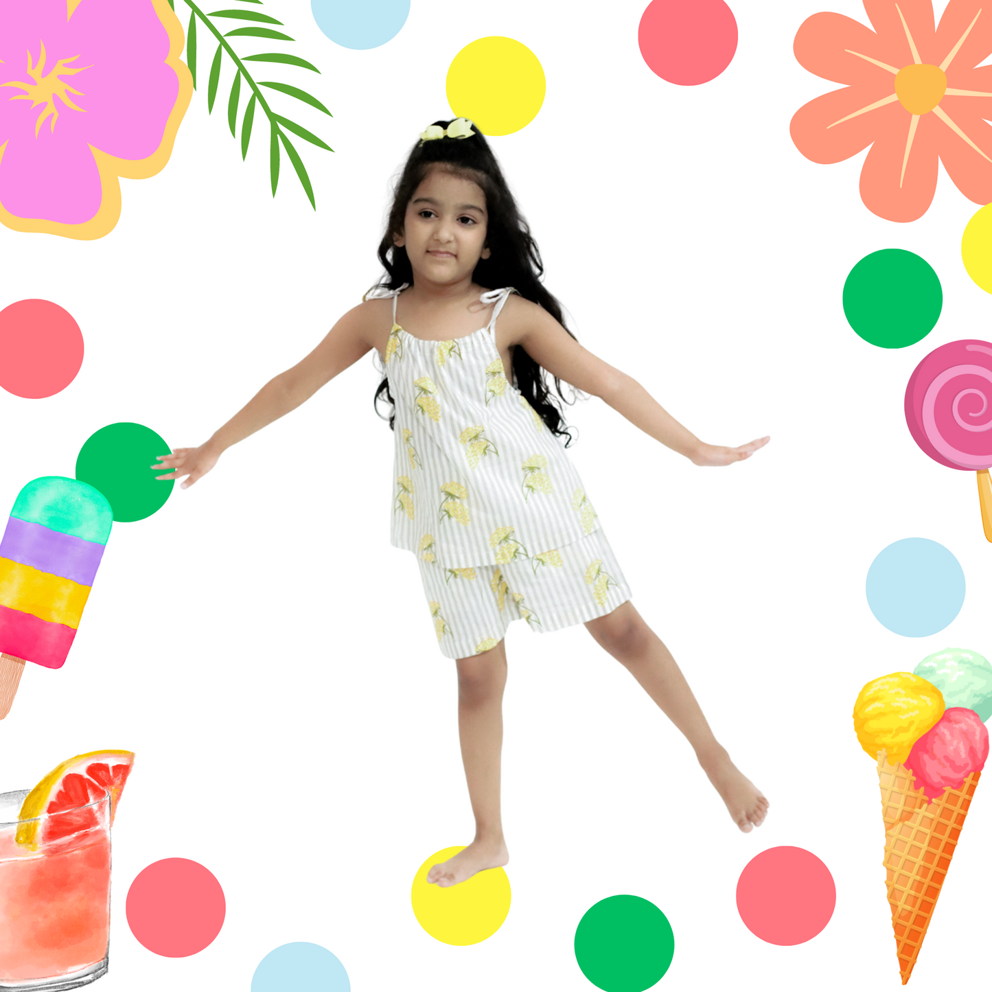 Grey Stripe Yellow Flowers Coord Set