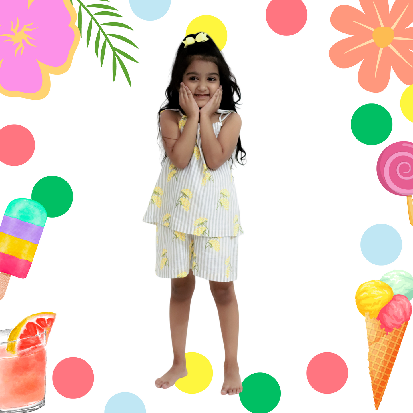 Grey Stripe Yellow Flowers Coord Set