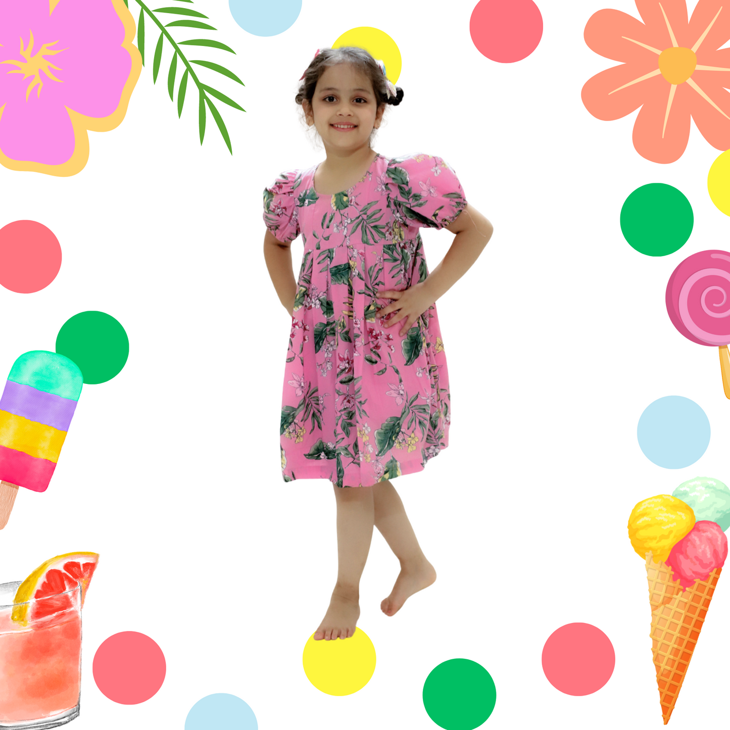 Pink Floral Balloon Sleeves Dress