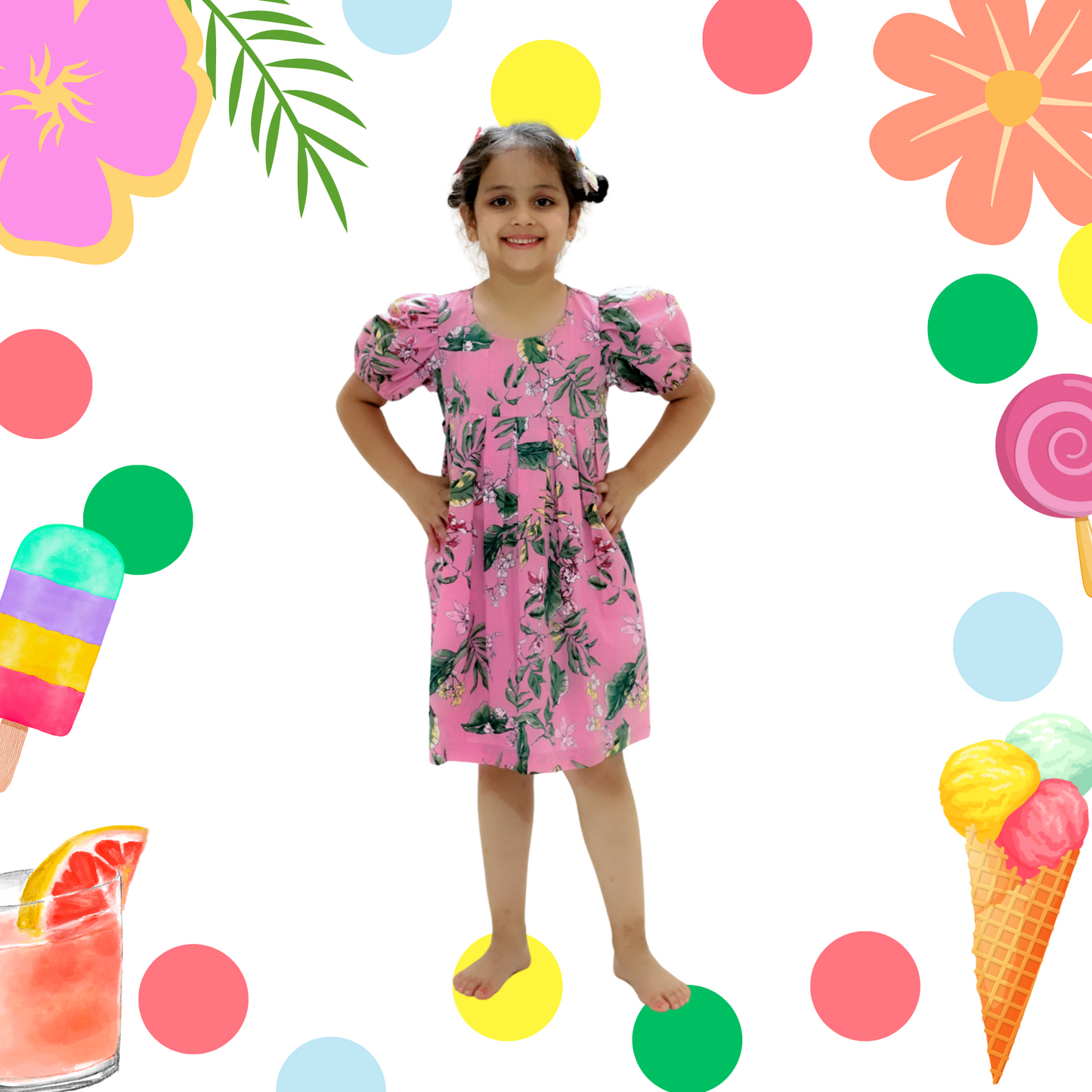 Pink Floral Balloon Sleeves Dress