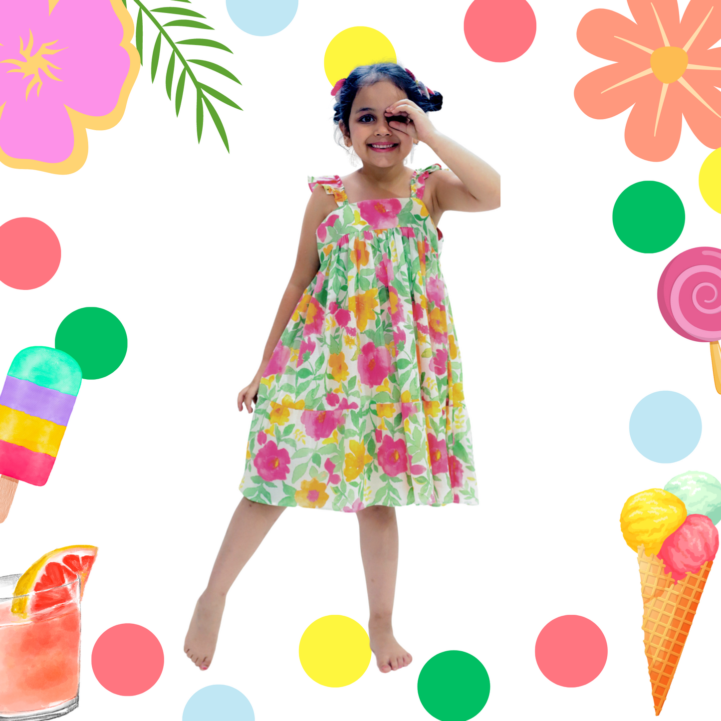 Big Florals Cotton Frill Sleeves Dress