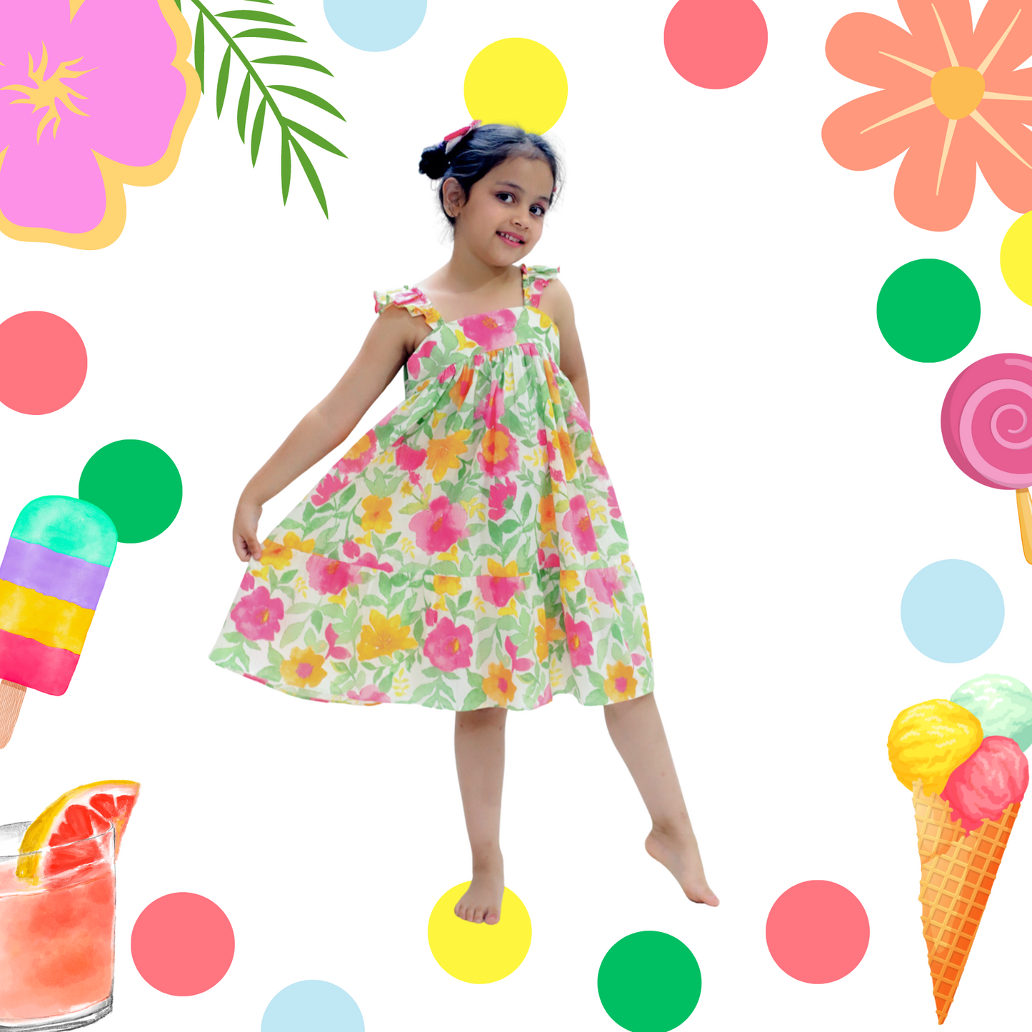 Big Florals Cotton Frill Sleeves Dress