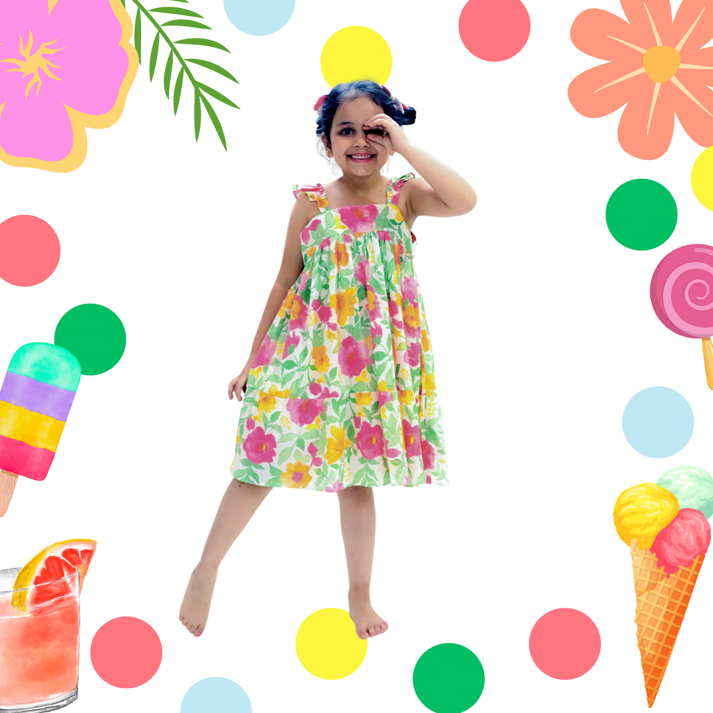 Big Florals Cotton Frill Sleeves Dress
