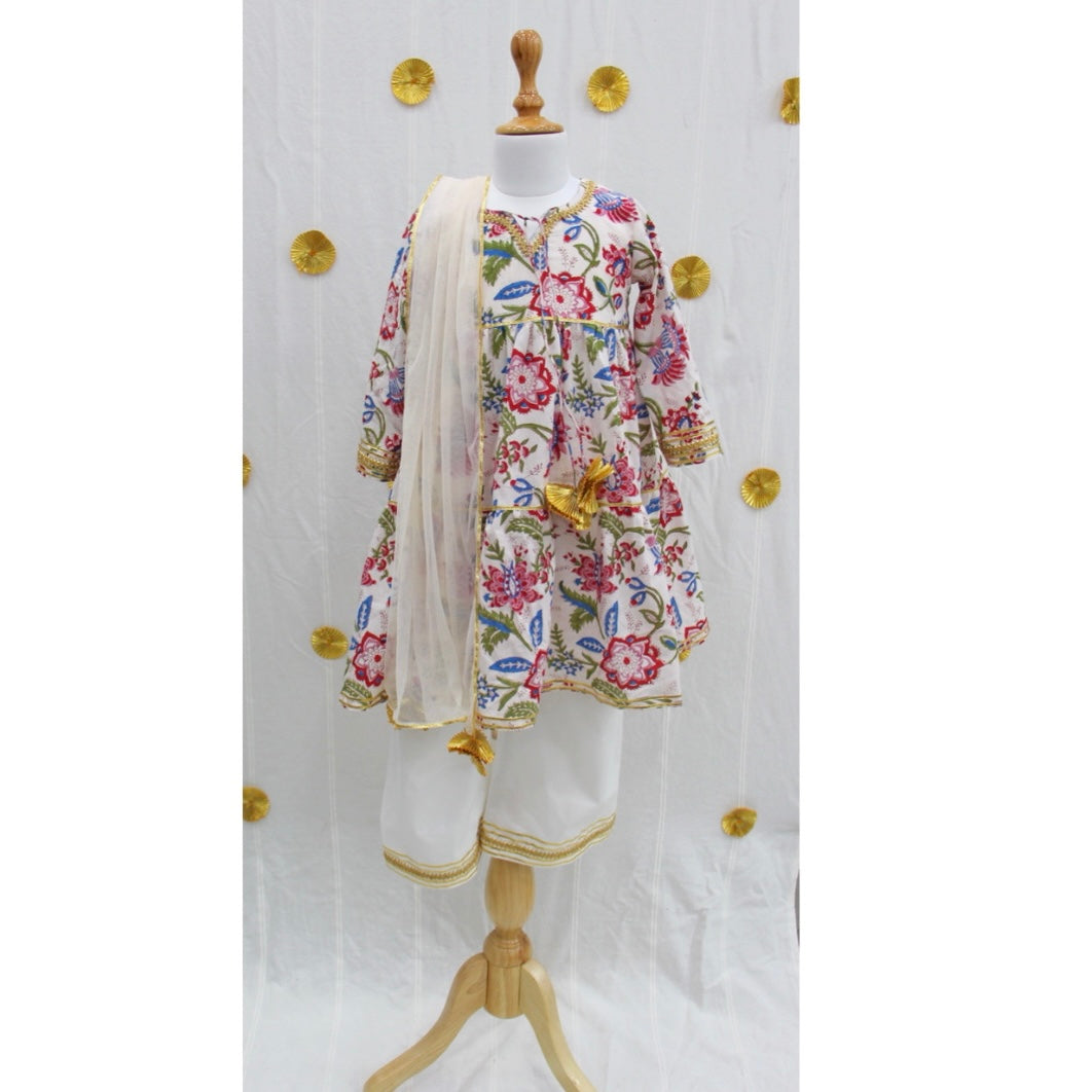 White Floral Block Print Plazo Set
