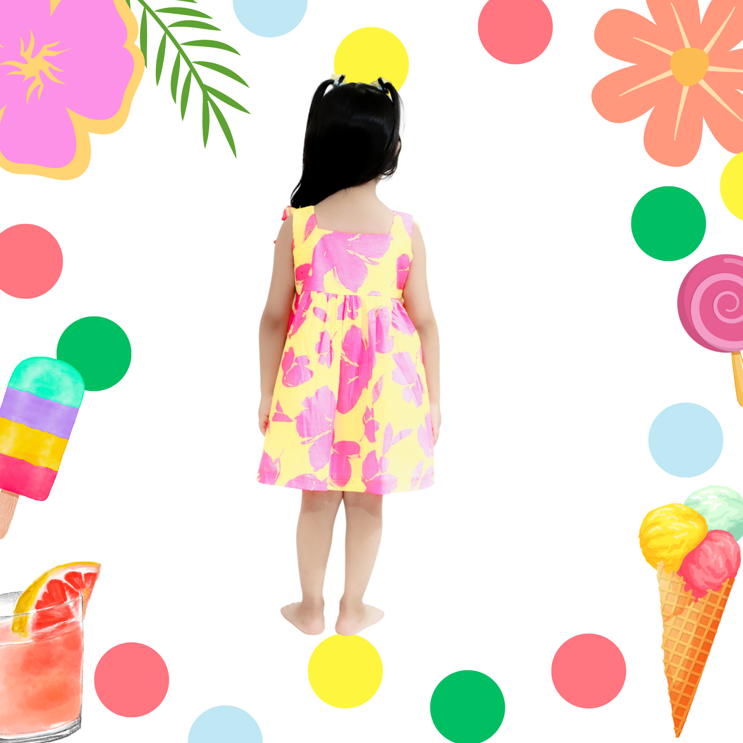 Yellow Pink Flowers Cotton Dress