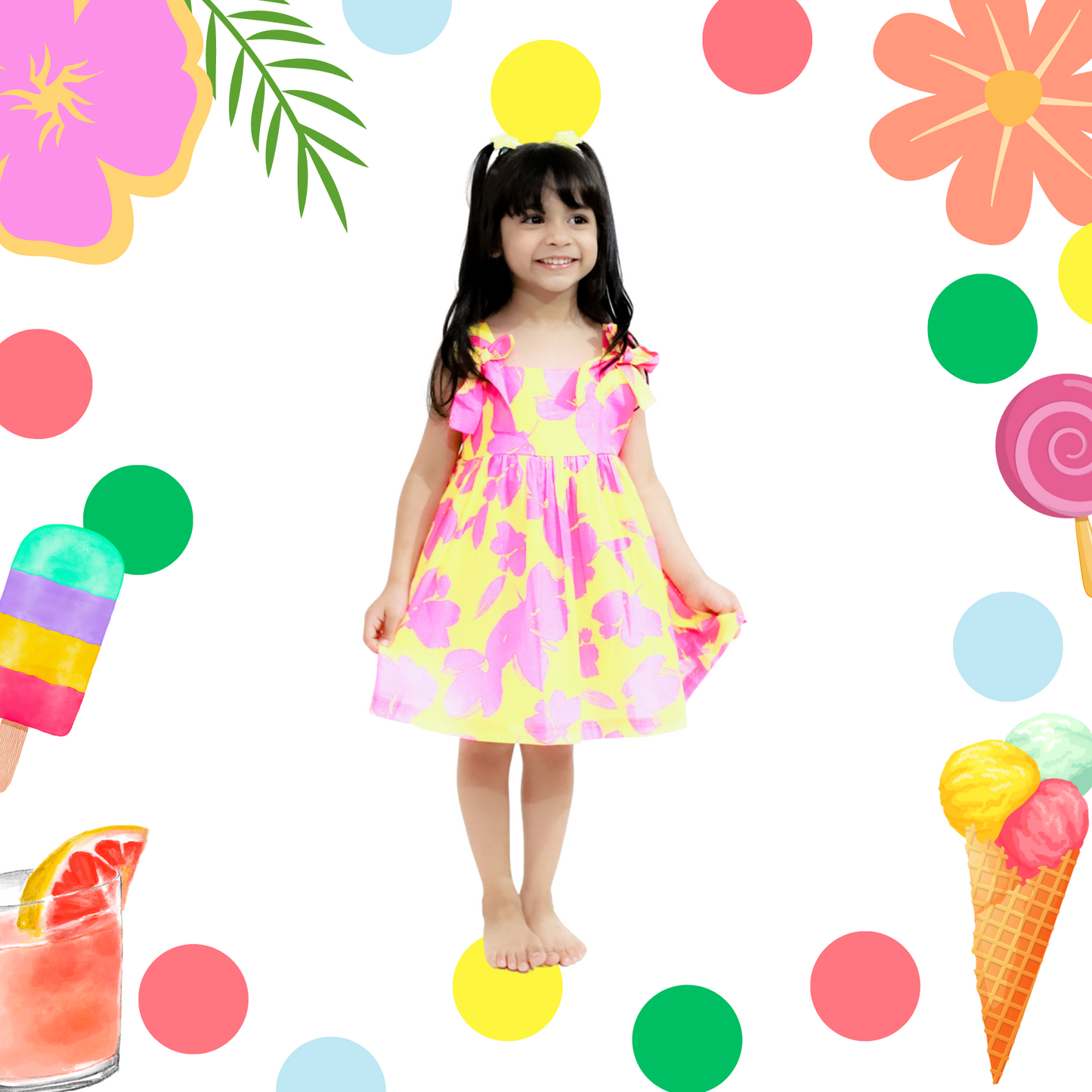 Yellow Pink Flowers Cotton Dress