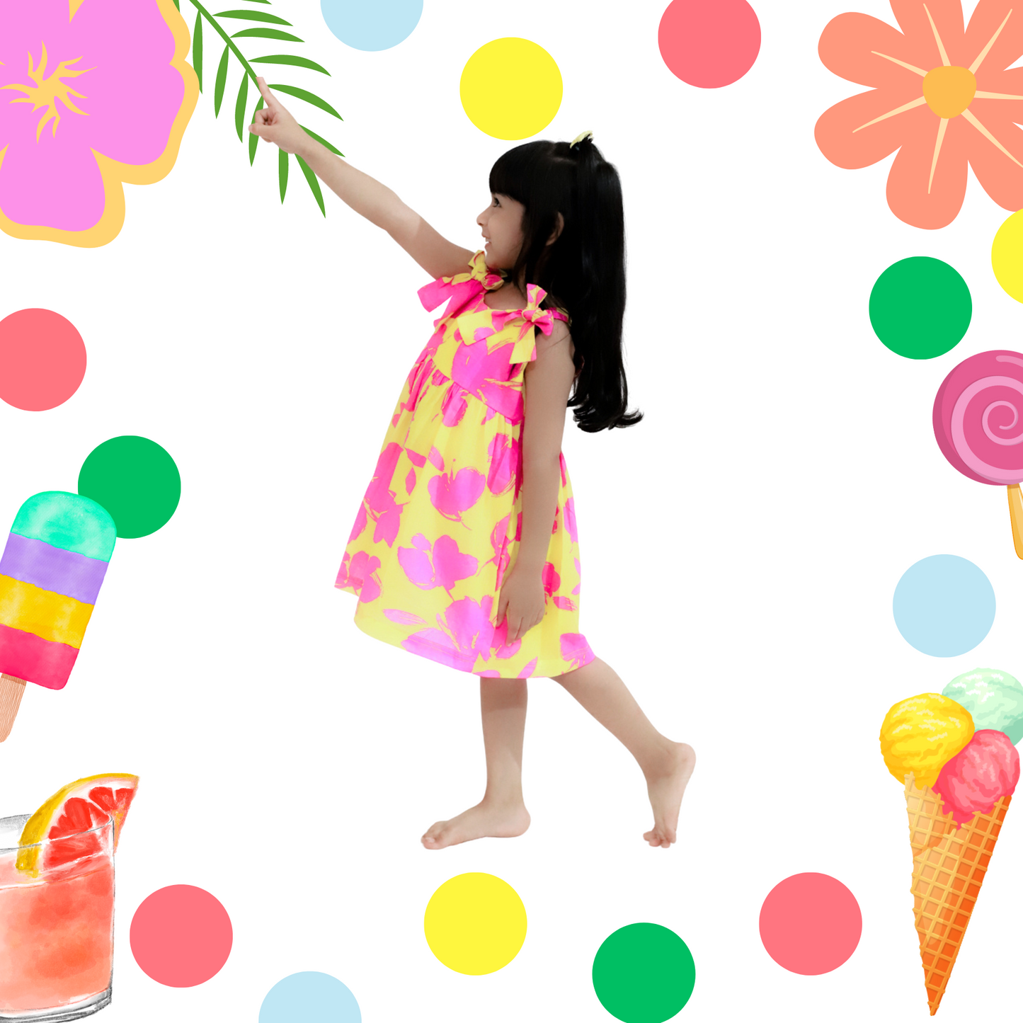 Yellow Pink Flowers Cotton Dress
