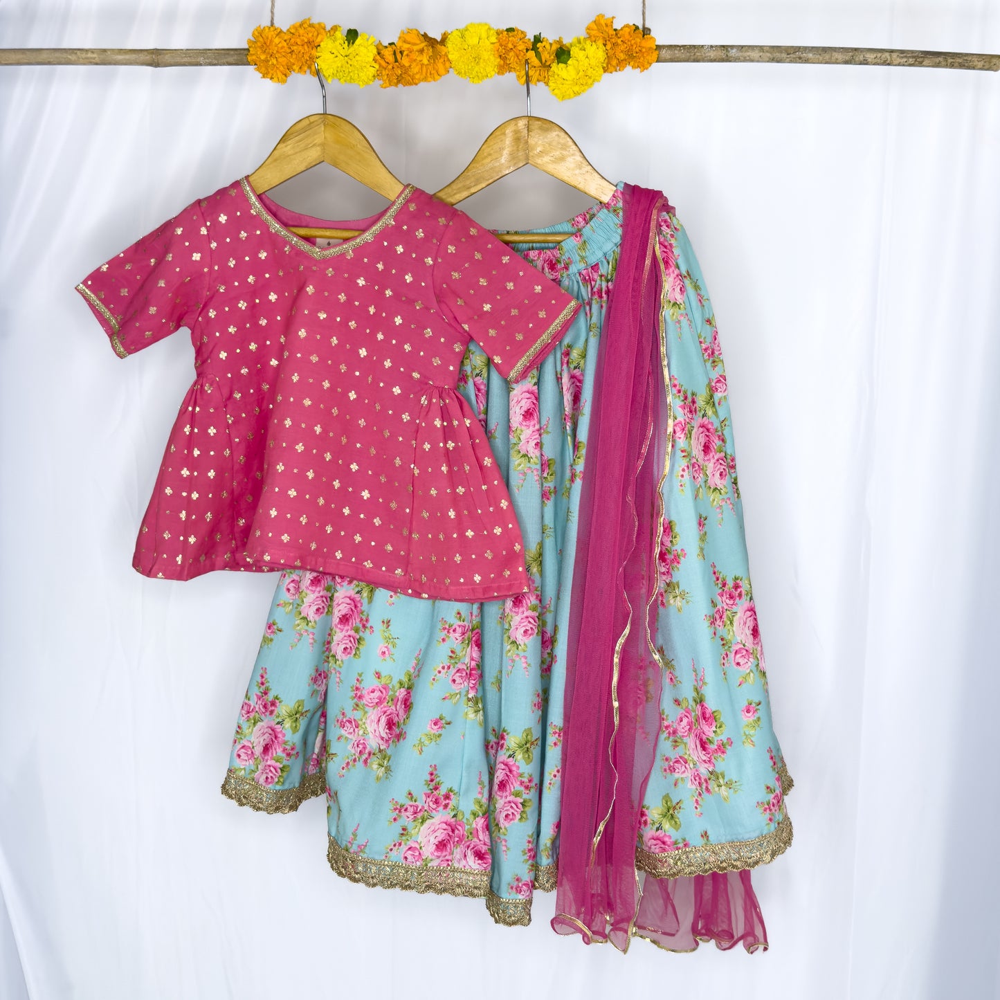 Sanjana- blue and pink floral lehenga set