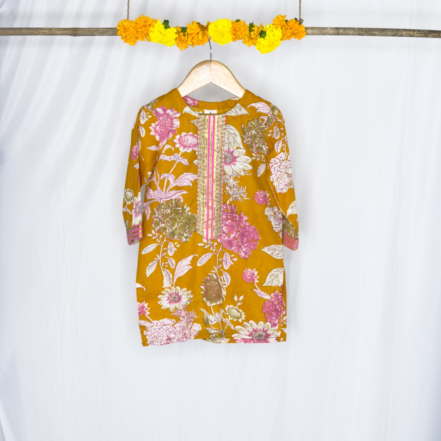 Aadhwika- mustard pink floral shahrara set