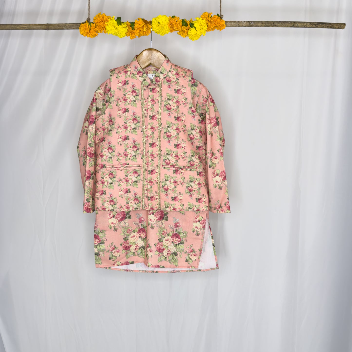 Adhiraaj- a peach floral jacket kurta set