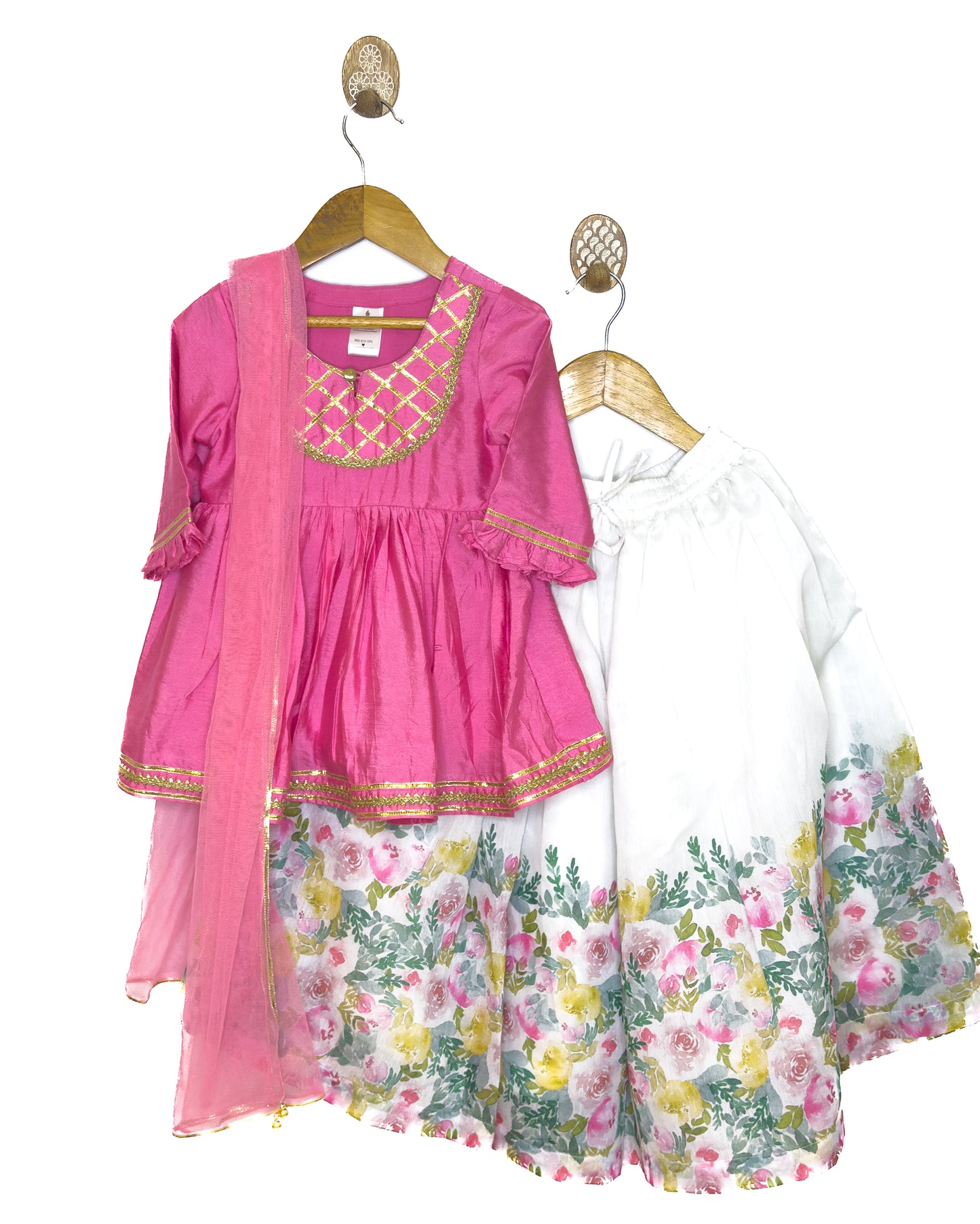 White and Pink Floral Chanderi Gharara Set