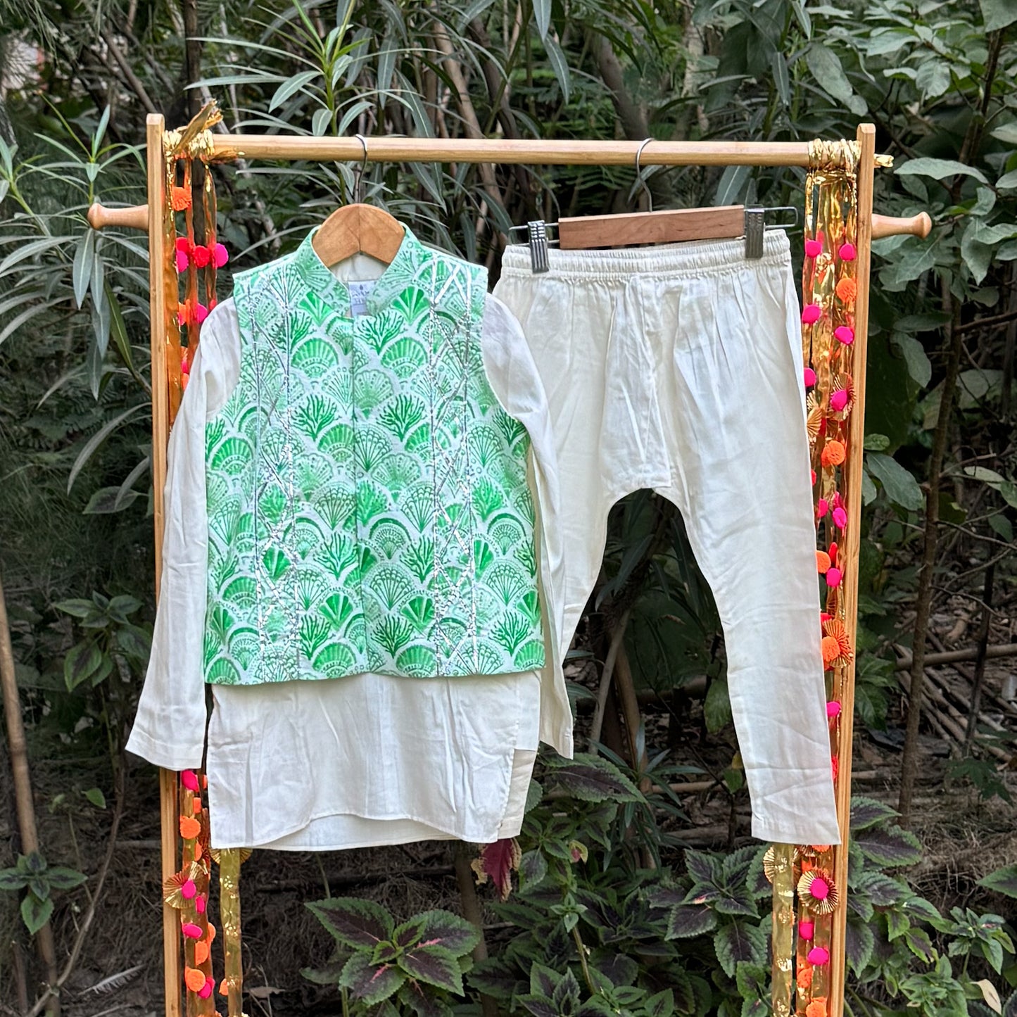 Green Ocean Life Jacket Kurta Set