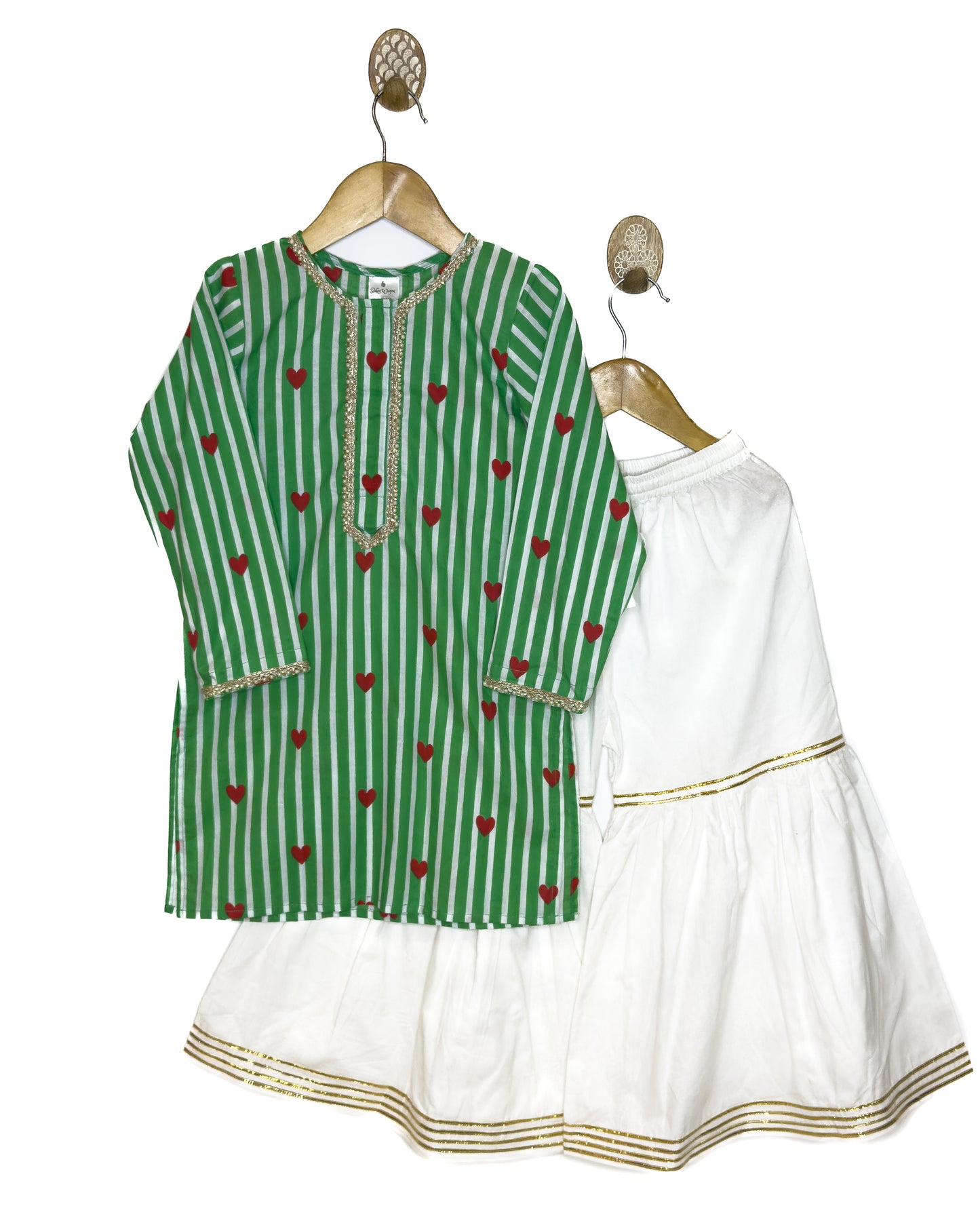 Green Stripe Heart White Gharara Set