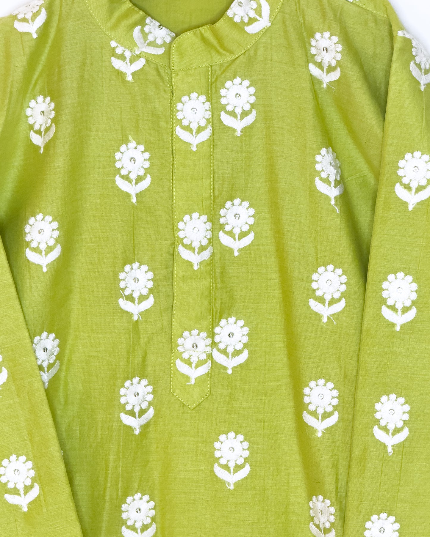 Mul Chanderi Green Embroidered Kurta Set