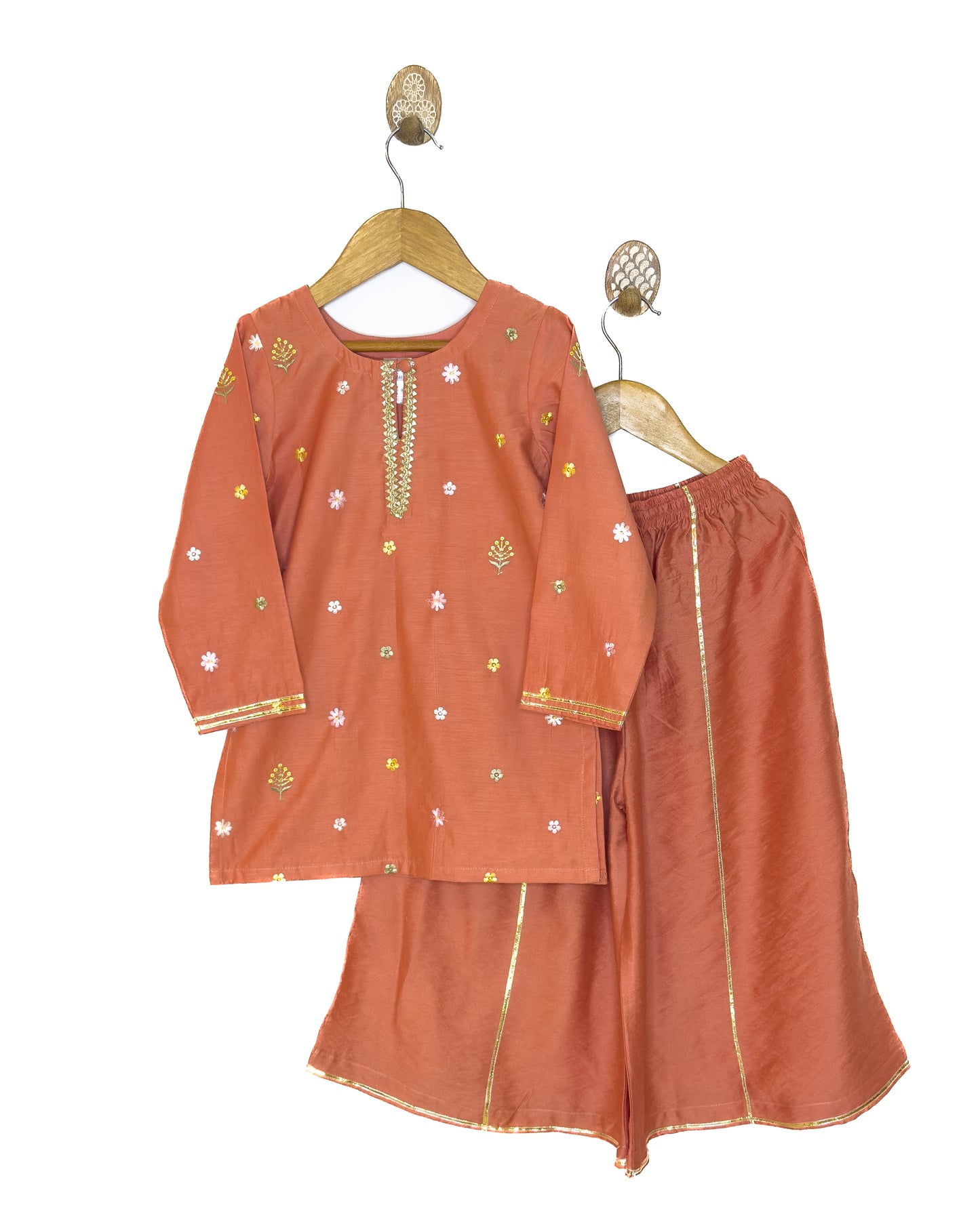Mul Chanderi Rust Embroidered Plazo Set
