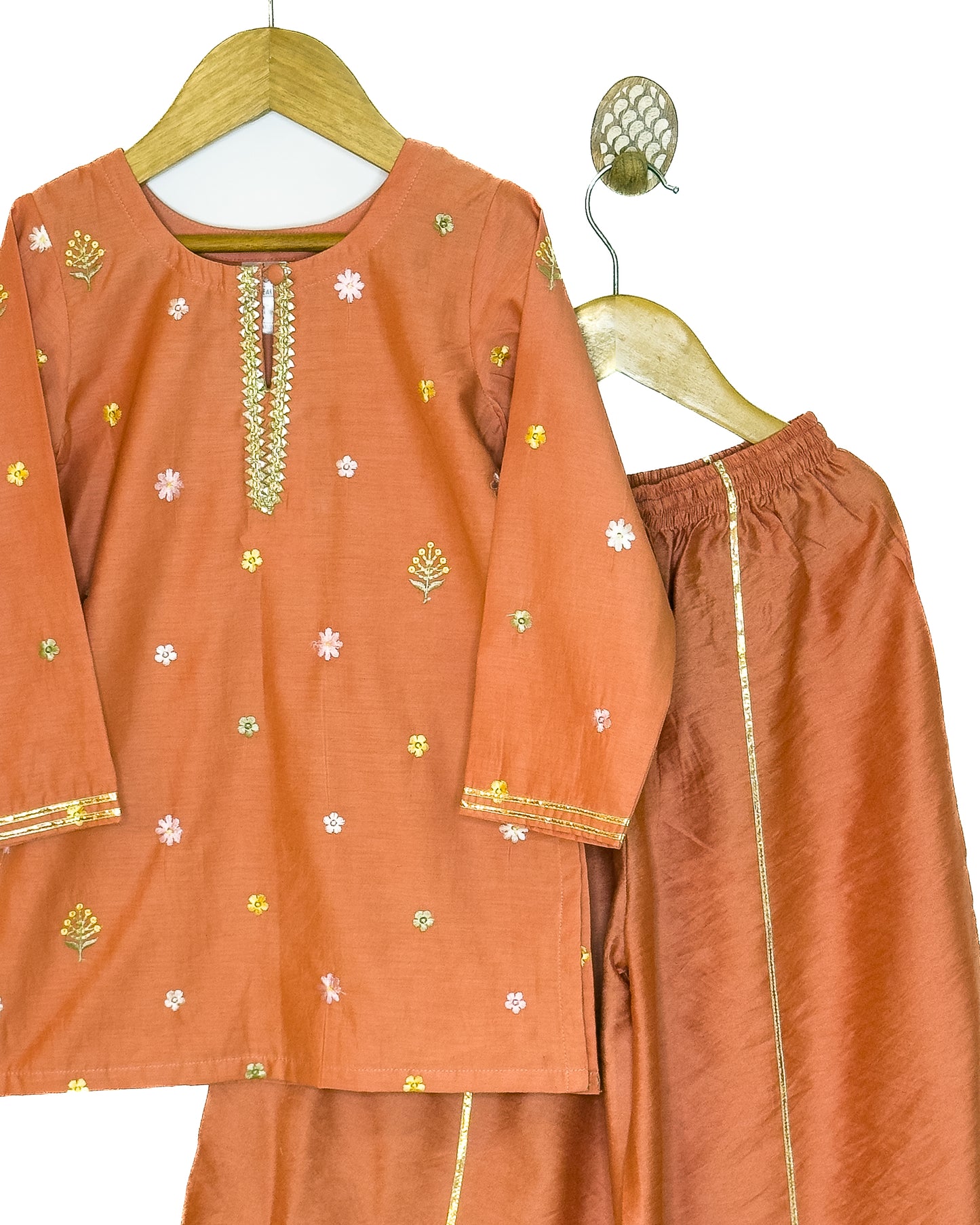 Mul Chanderi Rust Embroidered Plazo Set