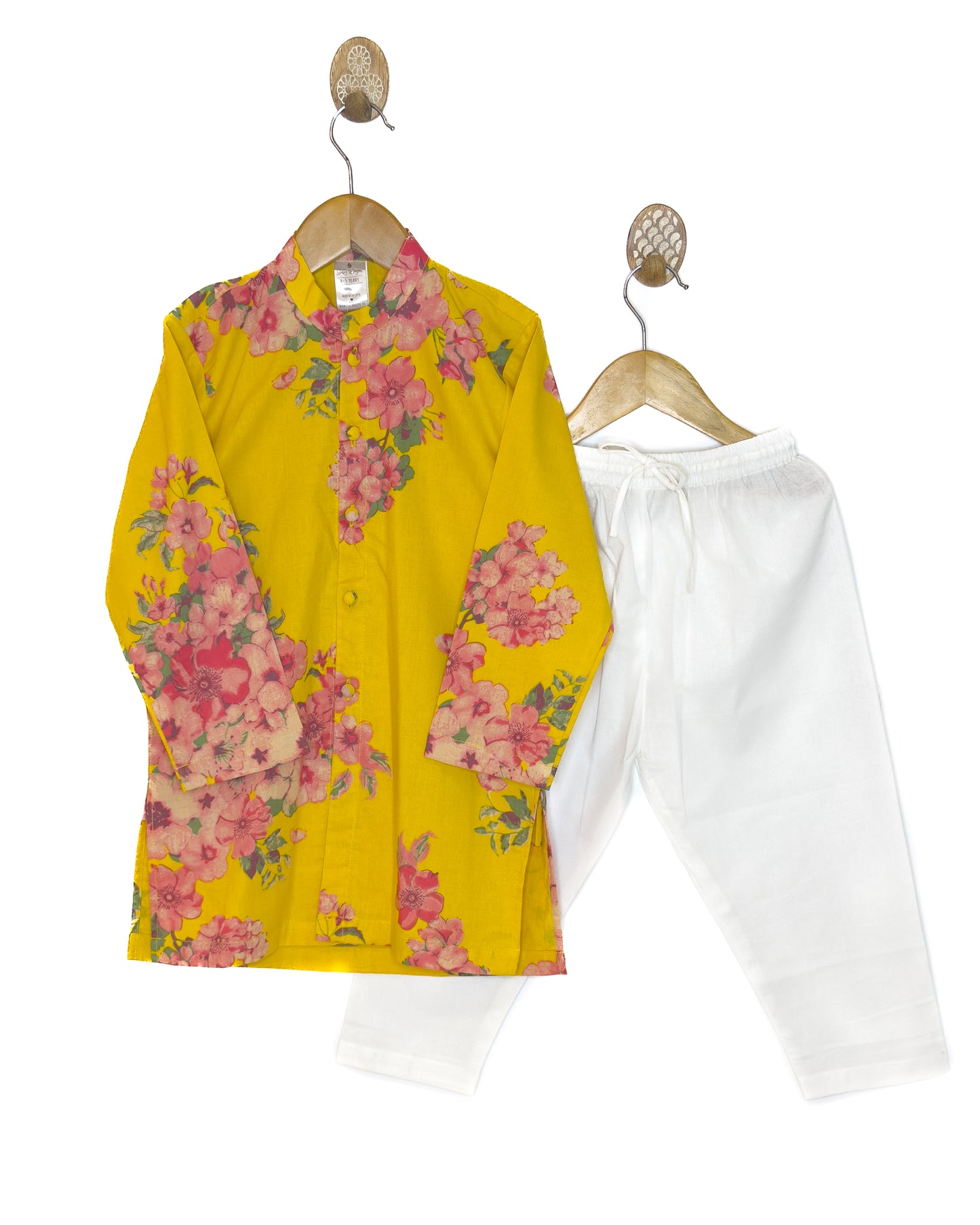 Yellow Floral Cotton Sherwani Style Kurta Set