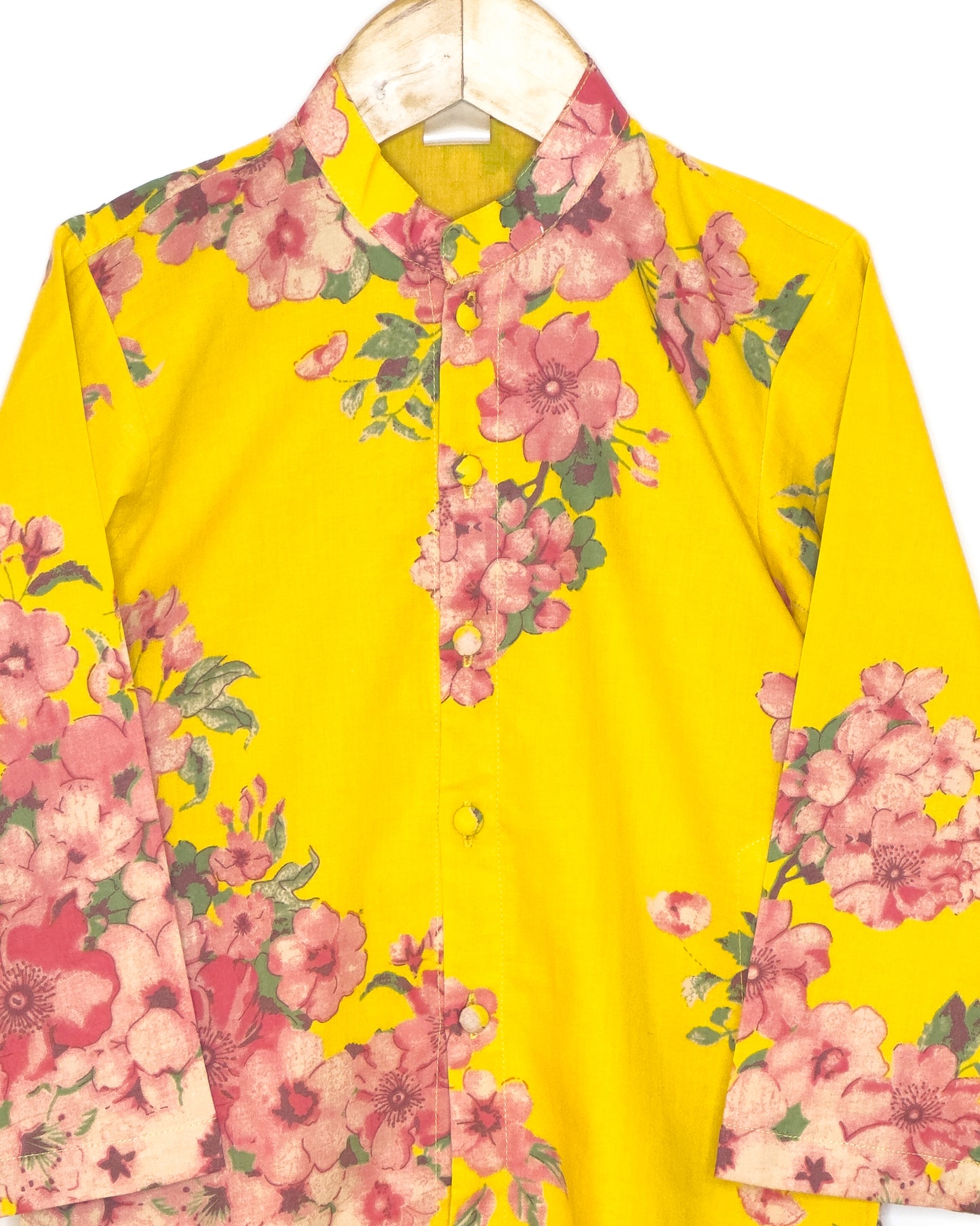 Yellow Floral Cotton Sherwani Style Kurta Set
