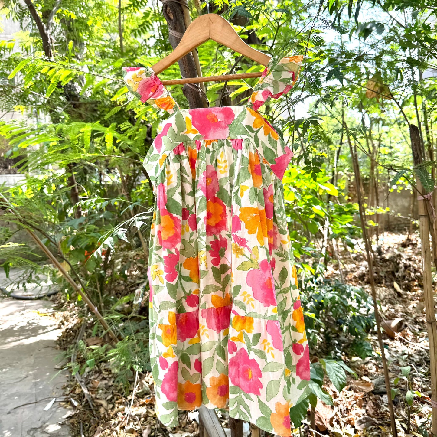 Big Florals Cotton Frill Sleeves Dress
