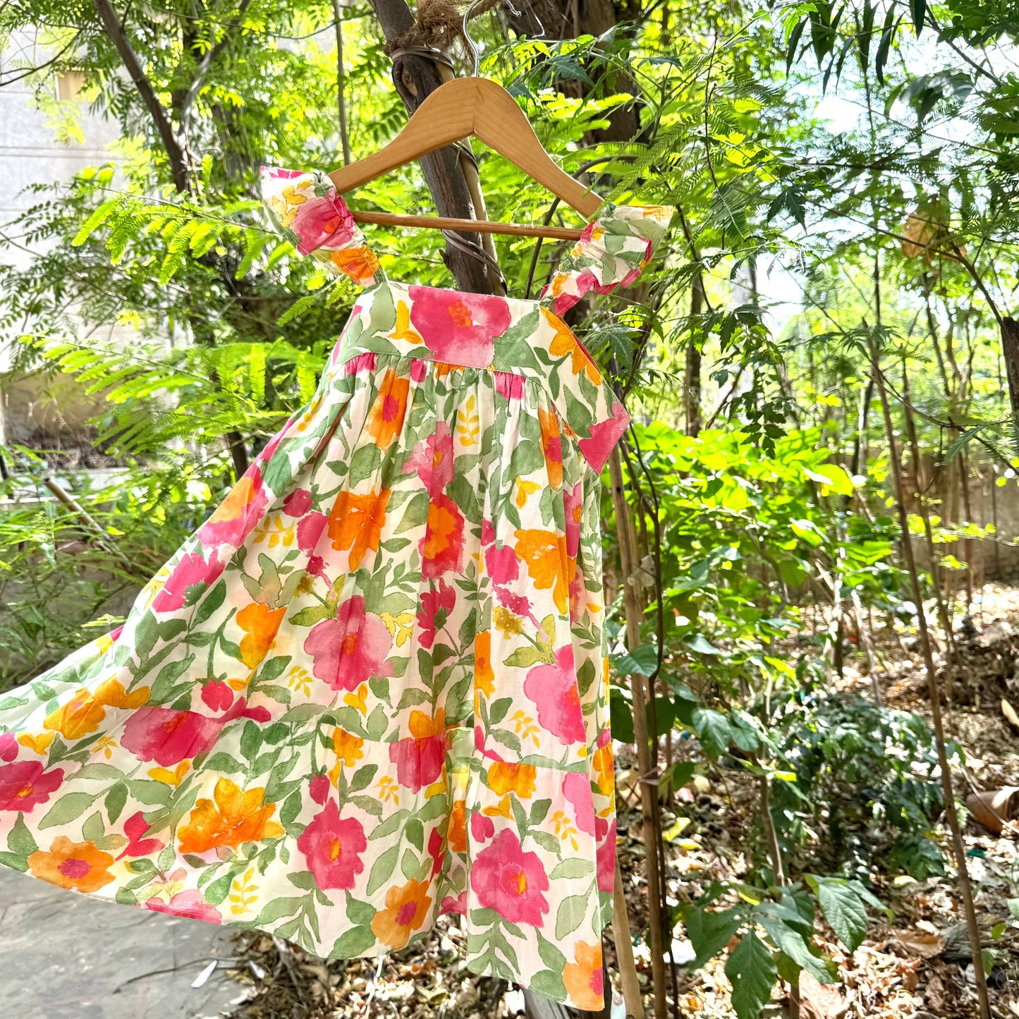 Big Florals Cotton Frill Sleeves Dress