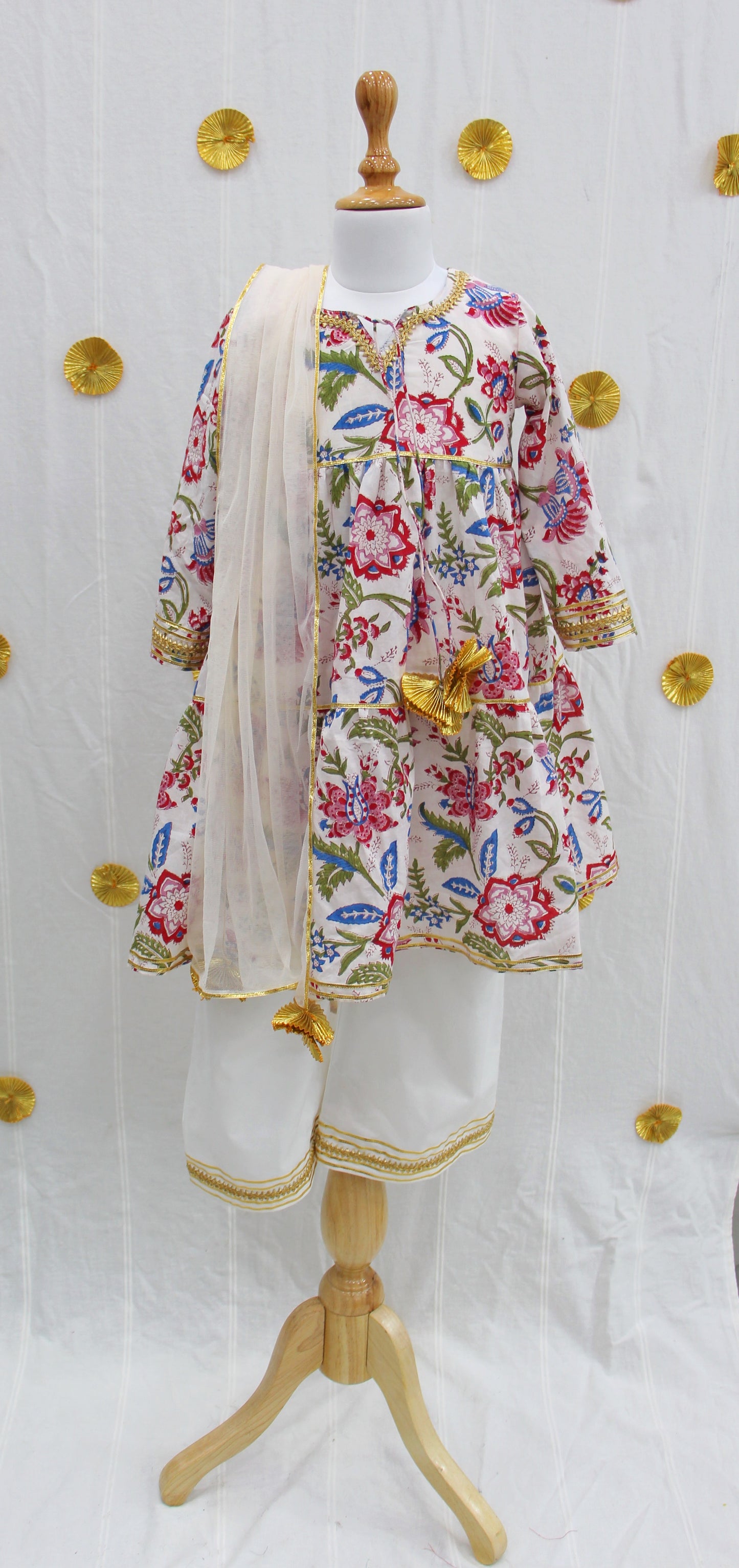 White Floral Block Print Plazo Set