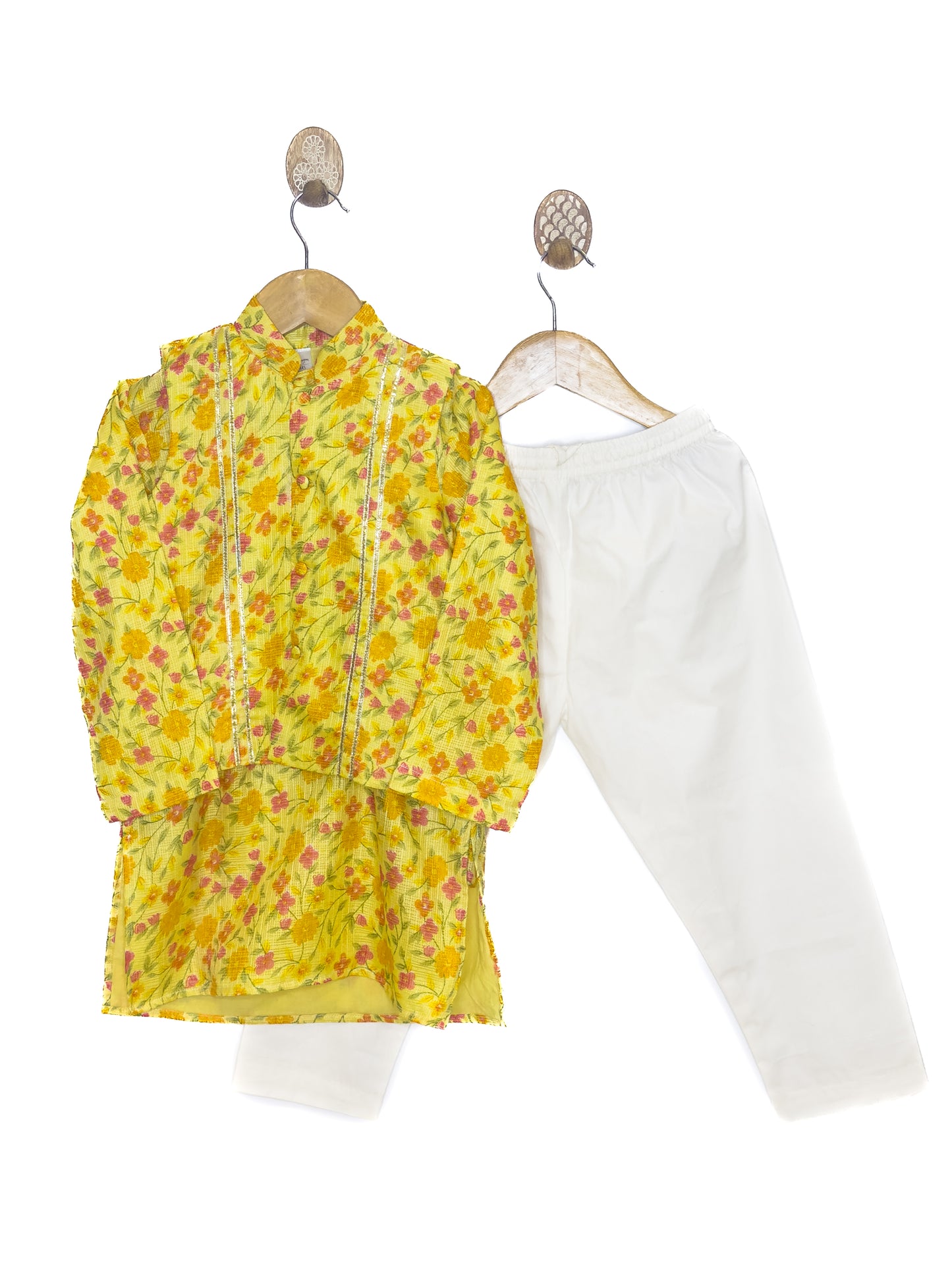 Yellow Floral Kota Doria Kurta Set