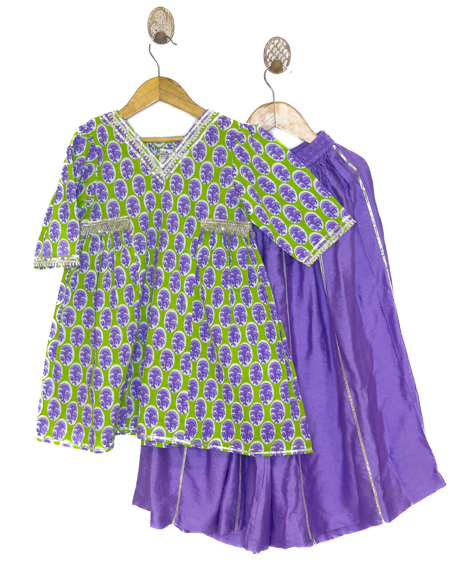 Green Purple Printed Cotton Sharara Set with Dupatta