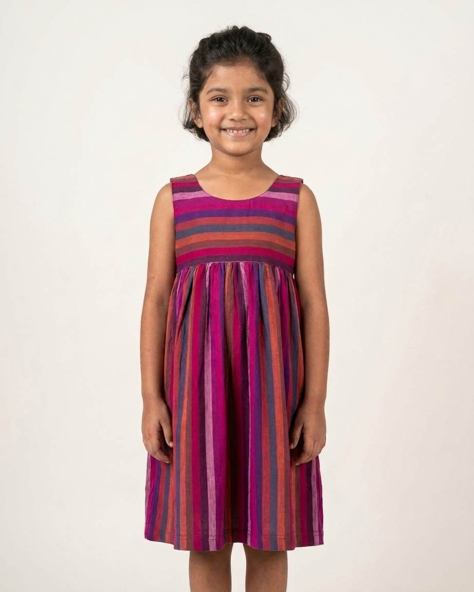 Berry Stripe Khadi Cotton Dress for Girls