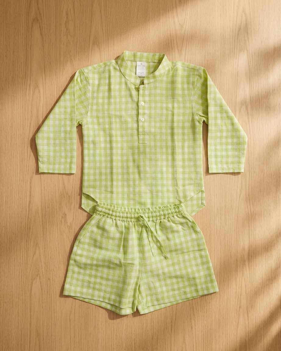 Lime Check Khadi Cotton Shirt & Shorts Set for Boys