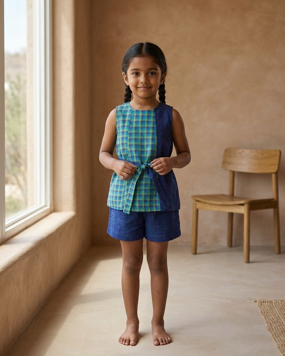 Blue Green Check Khadi Cotton Top & Shorts Set for Girls