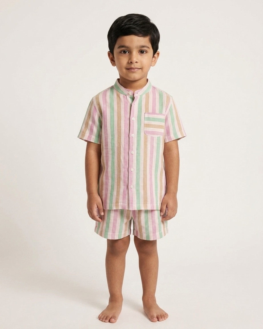 Pastel Stripe Khadi Cotton Shirt & Shorts Set for Boys