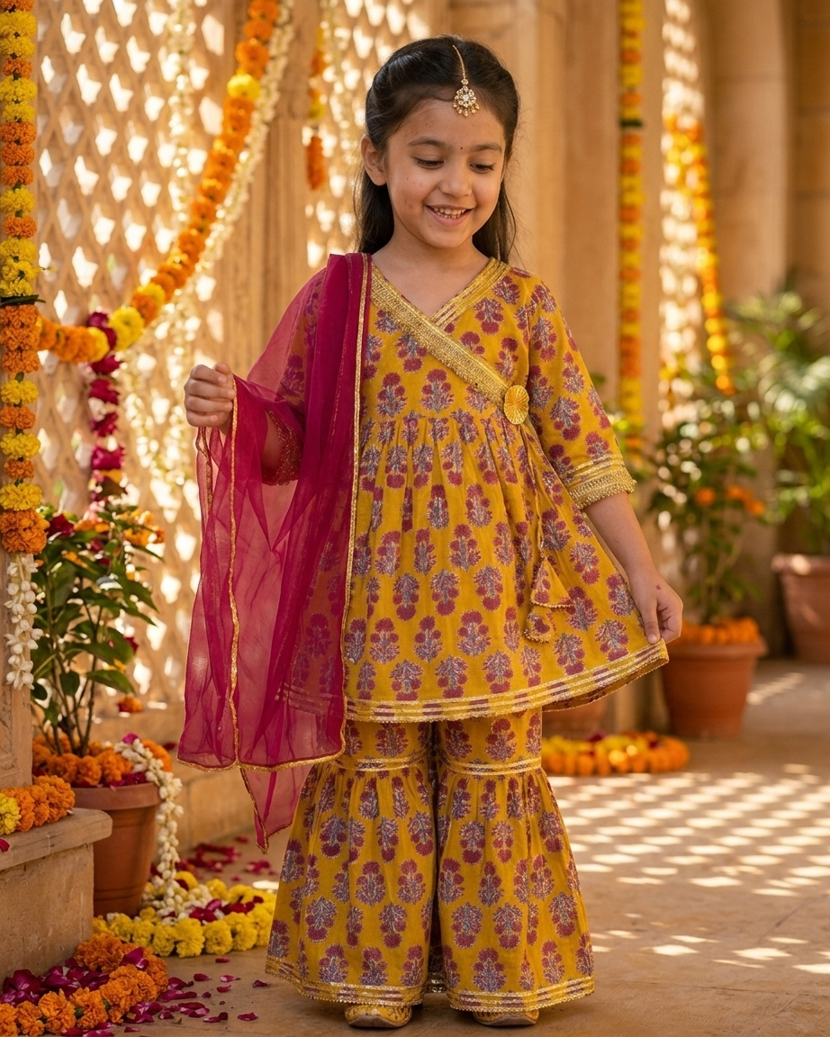Mustard Red Floral Cotton Gharara Set with Dupatta