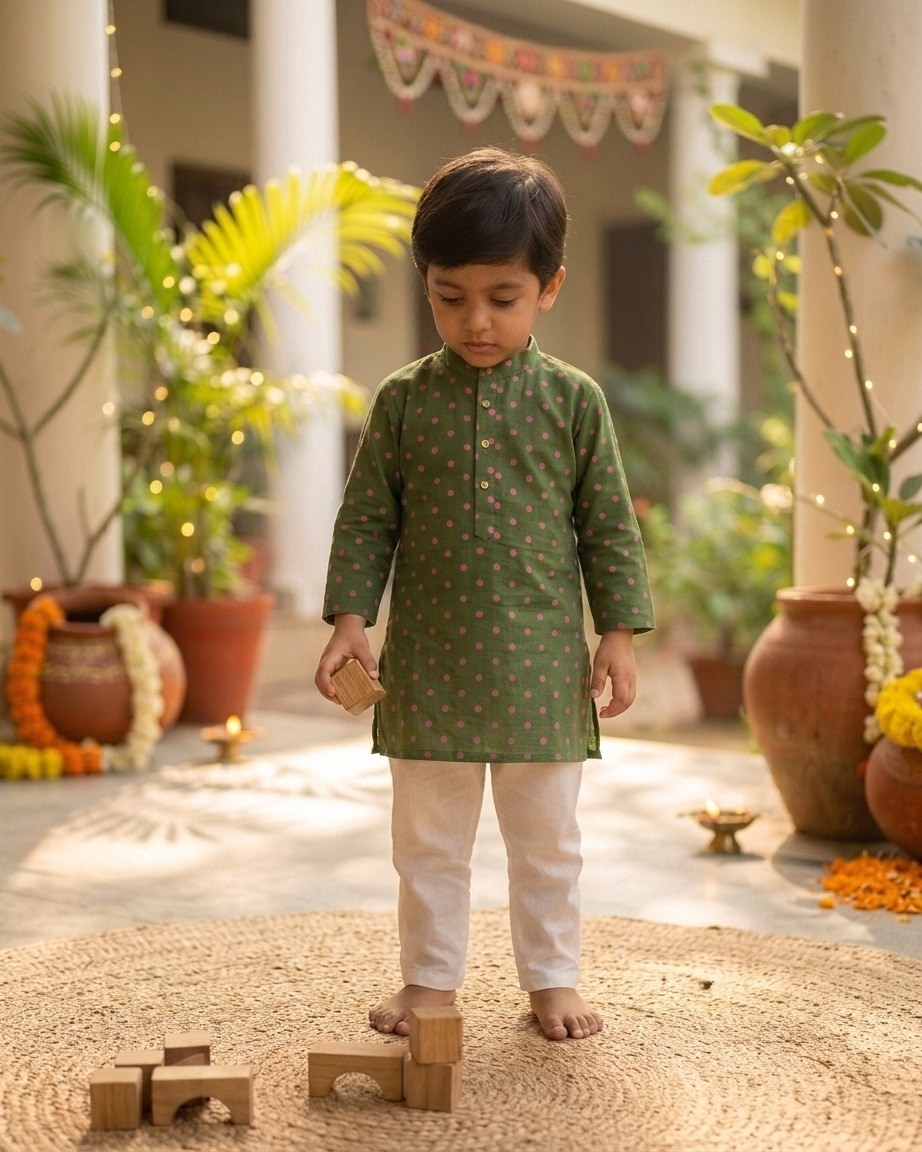Green Pink Polka Dot Cotton Kurta Set with White Pyjama