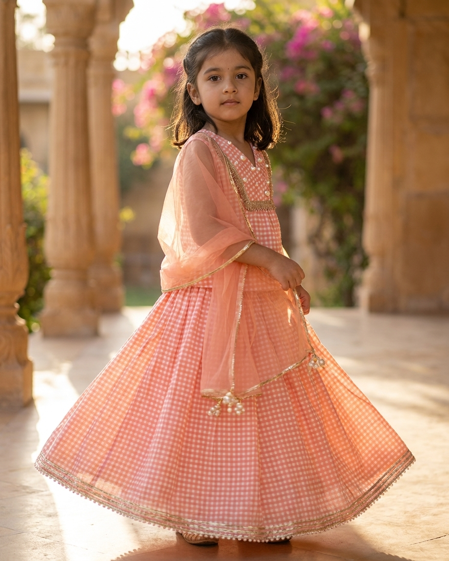 Peach Check Cotton Lehenga Set with Pearl Details