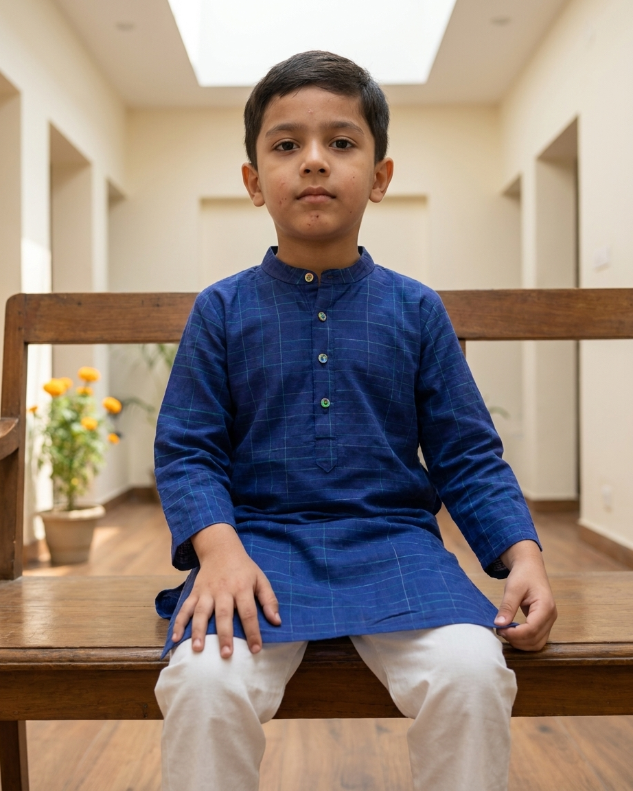 Royal Blue Check Khadi Kurta Set