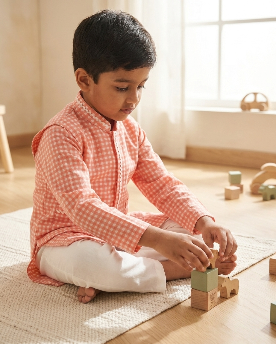Peach Check Festive Jacket Kurta Set