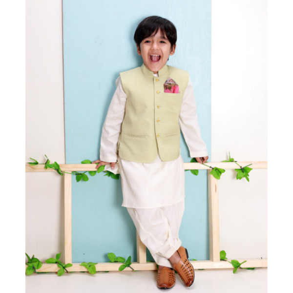 Pista Green Jacket with Golden Button Kurta Set