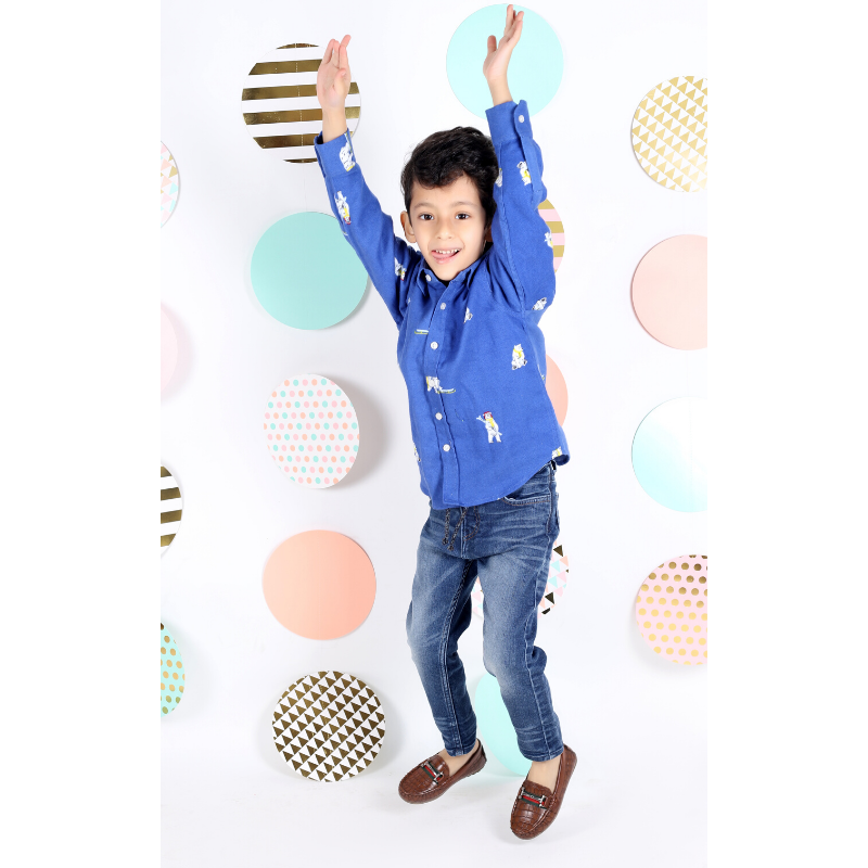 Blue Flannel Shirt with Snow Bear Print