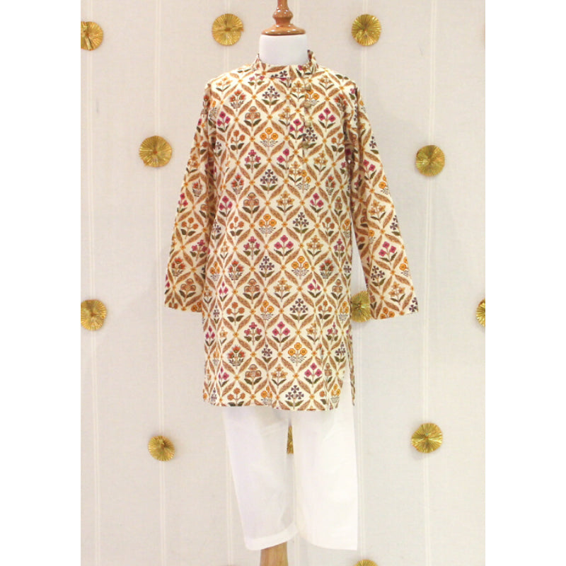 Off White Block Print Kurta Set