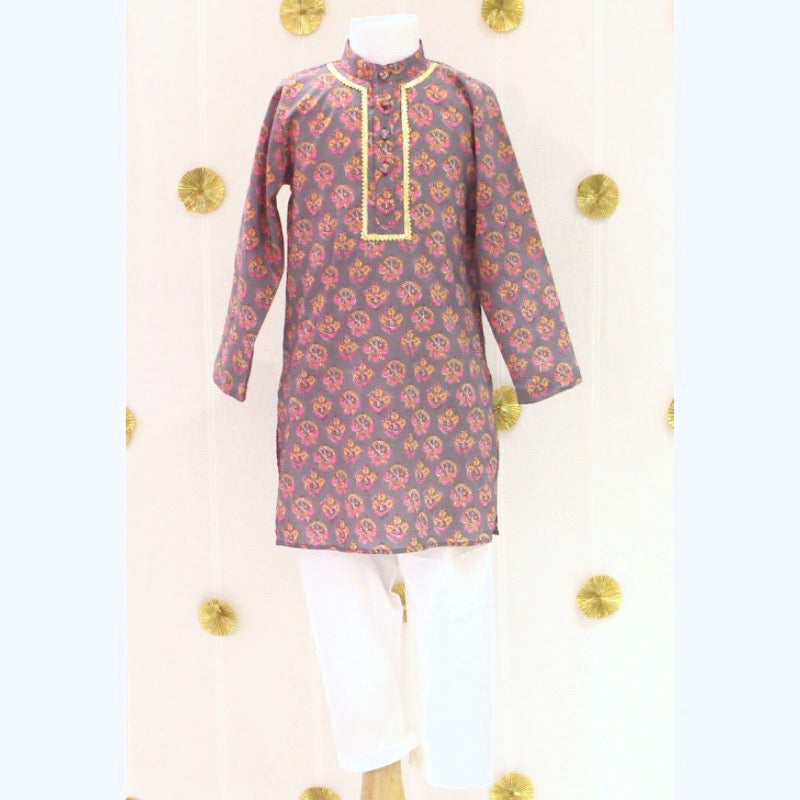 Grey Pink Motif Kurta Set