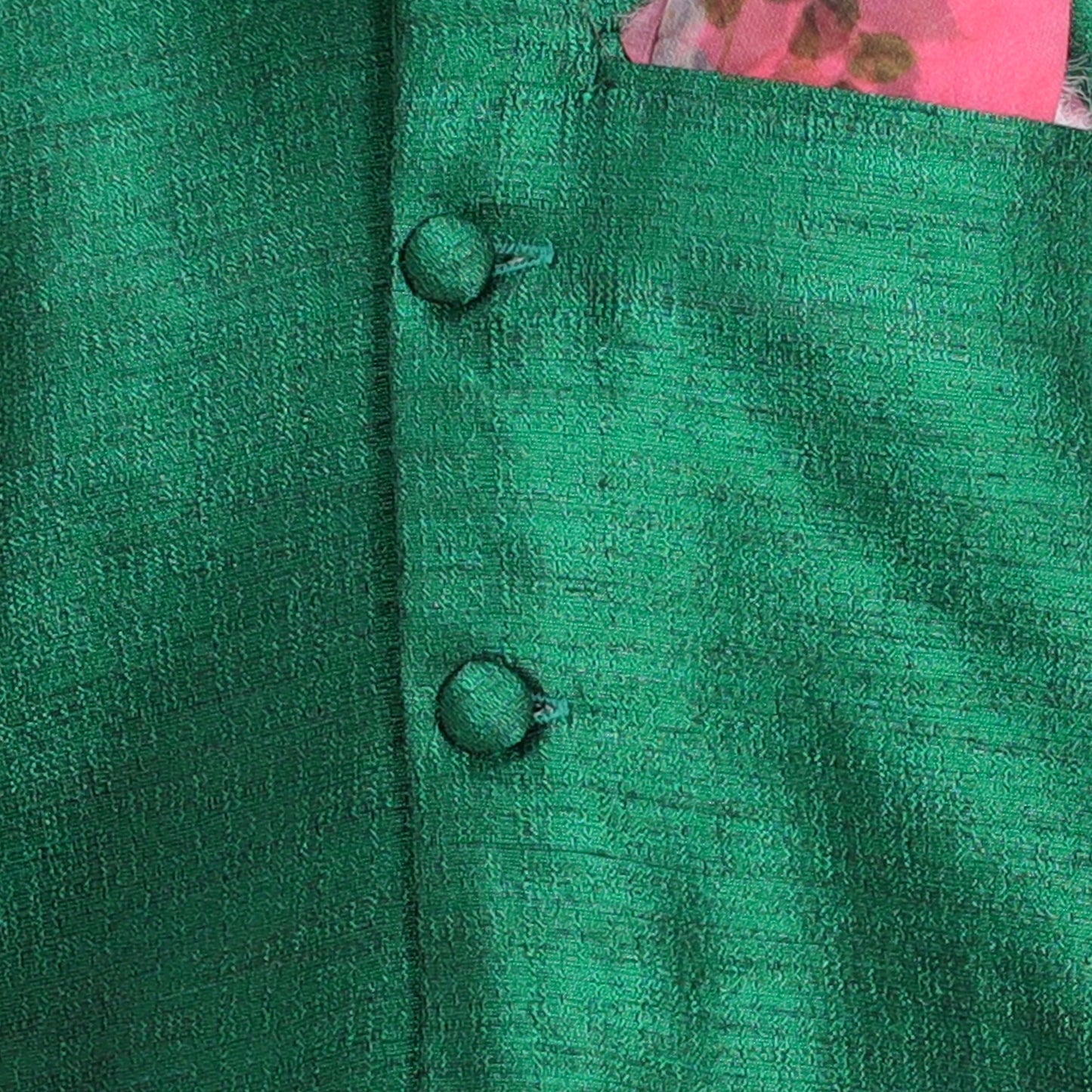 Raw Silk Green Jacket Kurta Set with Pink Pocket Square