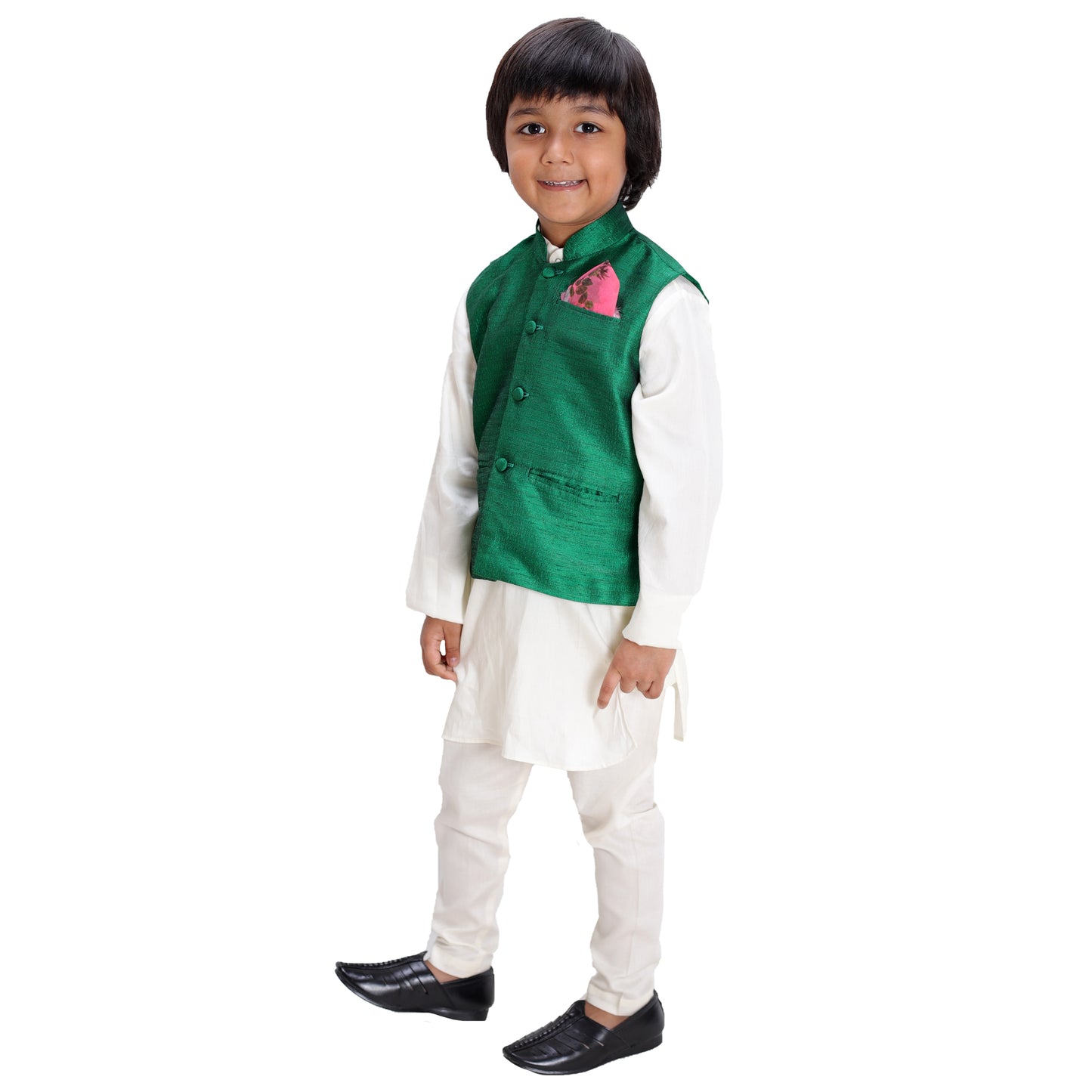 Raw Silk Green Jacket Kurta Set with Pink Pocket Square