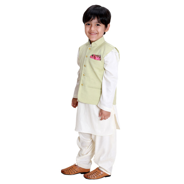 Pista Green Jacket with Golden Button Kurta Set