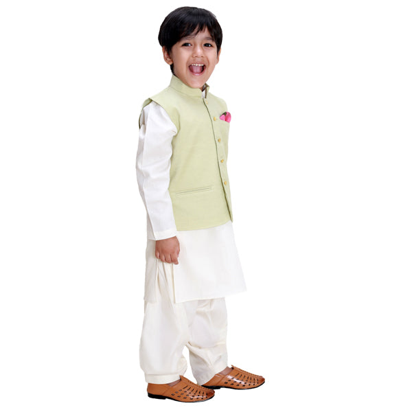 Pista Green Jacket with Golden Button Kurta Set