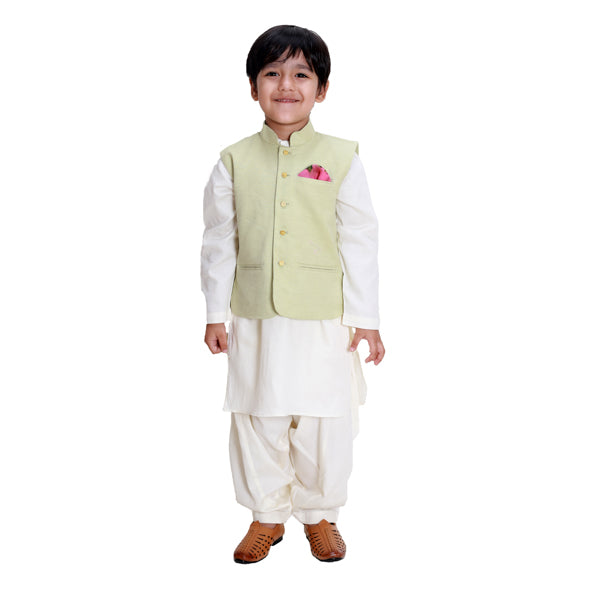 Pista Green Jacket with Golden Button Kurta Set