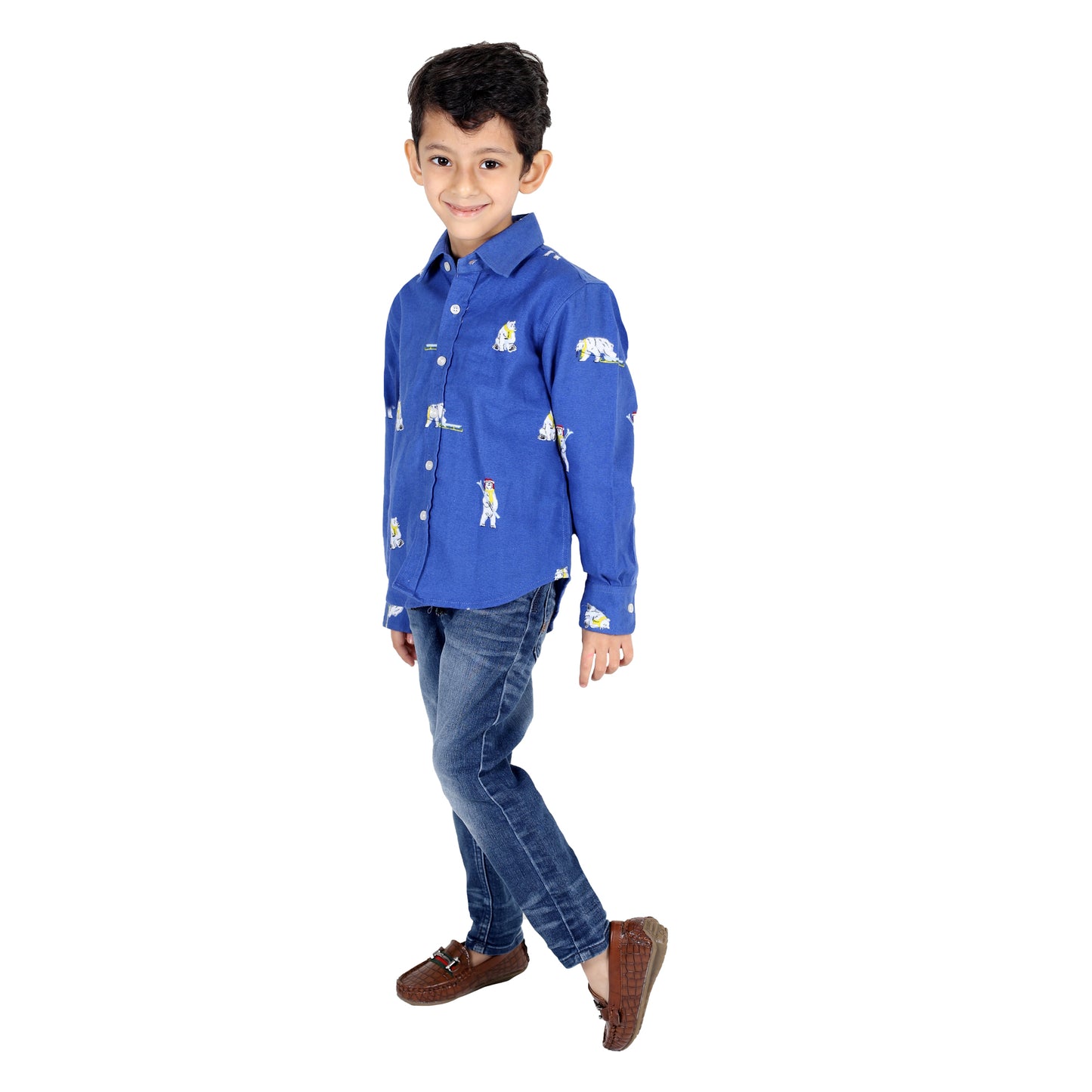 Blue Flannel Shirt with Snow Bear Print