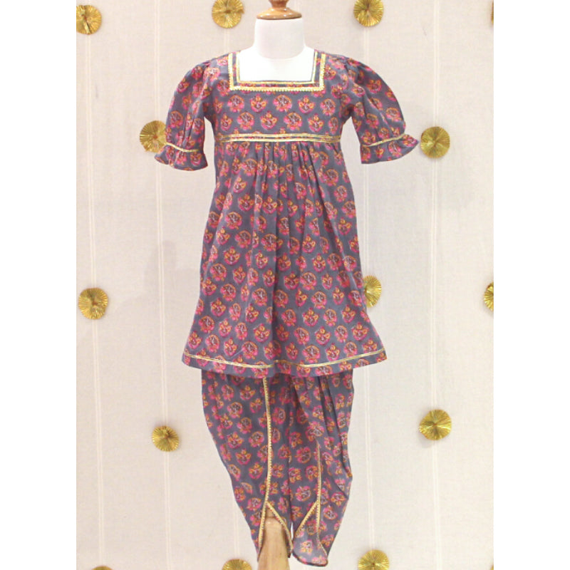 Grey Pink Motif Dhoti Set