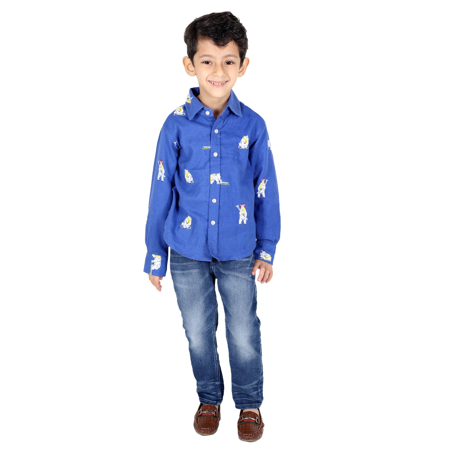 Blue Flannel Shirt with Snow Bear Print
